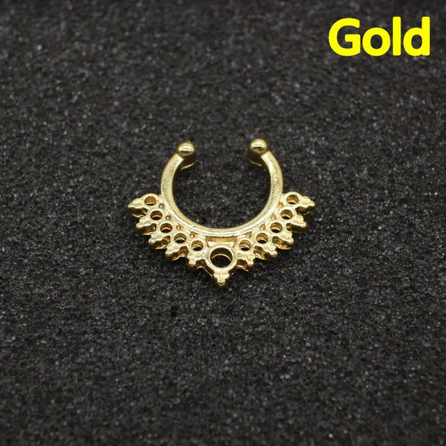 Ethnic Hollow crystal clicker fake septum For Women Studs Clip Hoop nose ring Faux Piercing Punk Men Body Jewelry non Wholesale