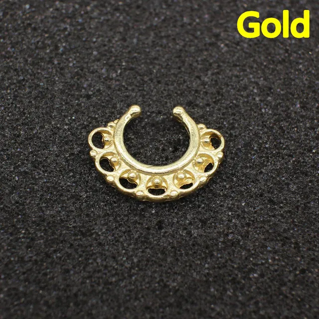 Ethnic Hollow crystal clicker fake septum For Women Studs Clip Hoop nose ring Faux Piercing Punk Men Body Jewelry non Wholesale