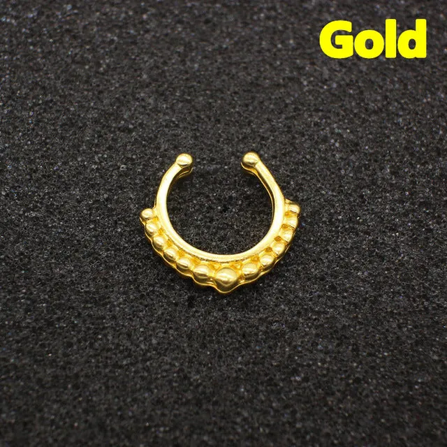 Ethnic Hollow crystal clicker fake septum For Women Studs Clip Hoop nose ring Faux Piercing Punk Men Body Jewelry non Wholesale