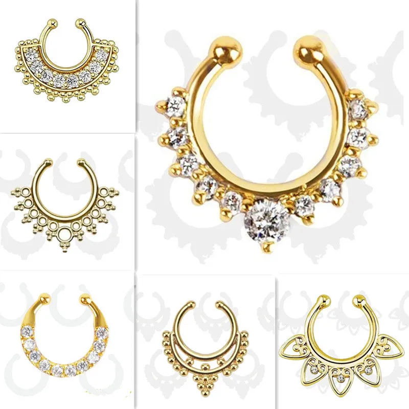 Ethnic Hollow crystal clicker fake septum For Women Studs Clip Hoop nose ring Faux Piercing Punk Men Body Jewelry non Wholesale