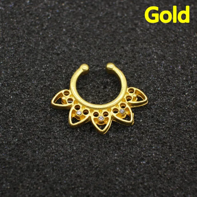 Ethnic Hollow crystal clicker fake septum For Women Studs Clip Hoop nose ring Faux Piercing Punk Men Body Jewelry non Wholesale