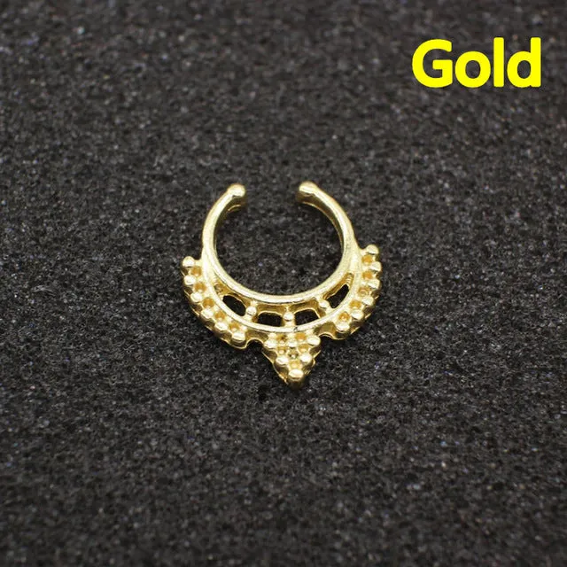 Ethnic Hollow crystal clicker fake septum For Women Studs Clip Hoop nose ring Faux Piercing Punk Men Body Jewelry non Wholesale