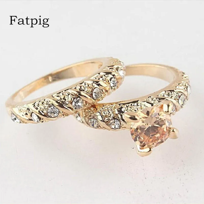 Fatpig Fashion women rings 2Pcs/Set  Gold Filled Round Cut Wedding Engagement Solid Ring Set Size 7 8 9