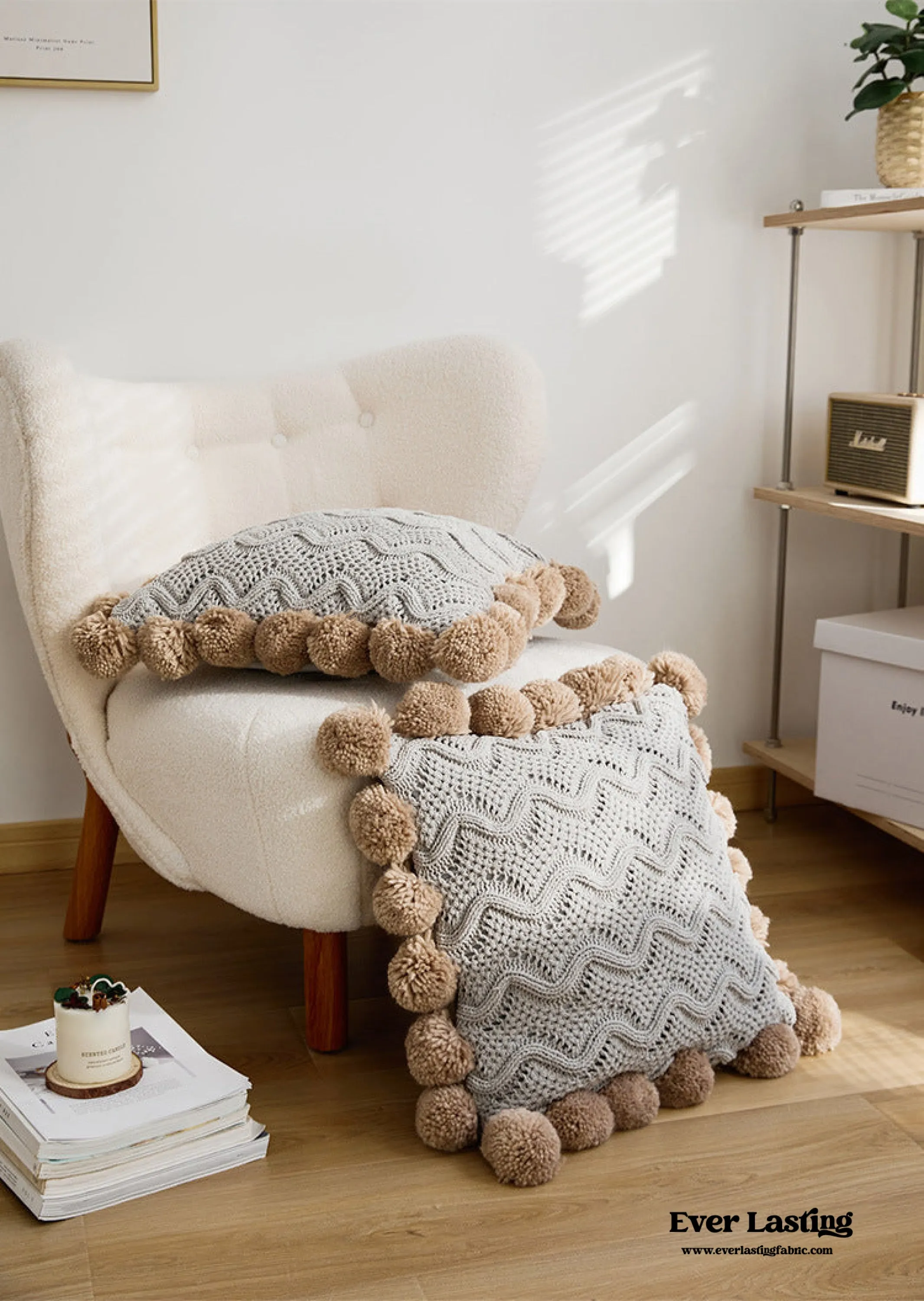 Fuzzy Ball Plush Knit Blanket & Pillow Set (3 Colors)