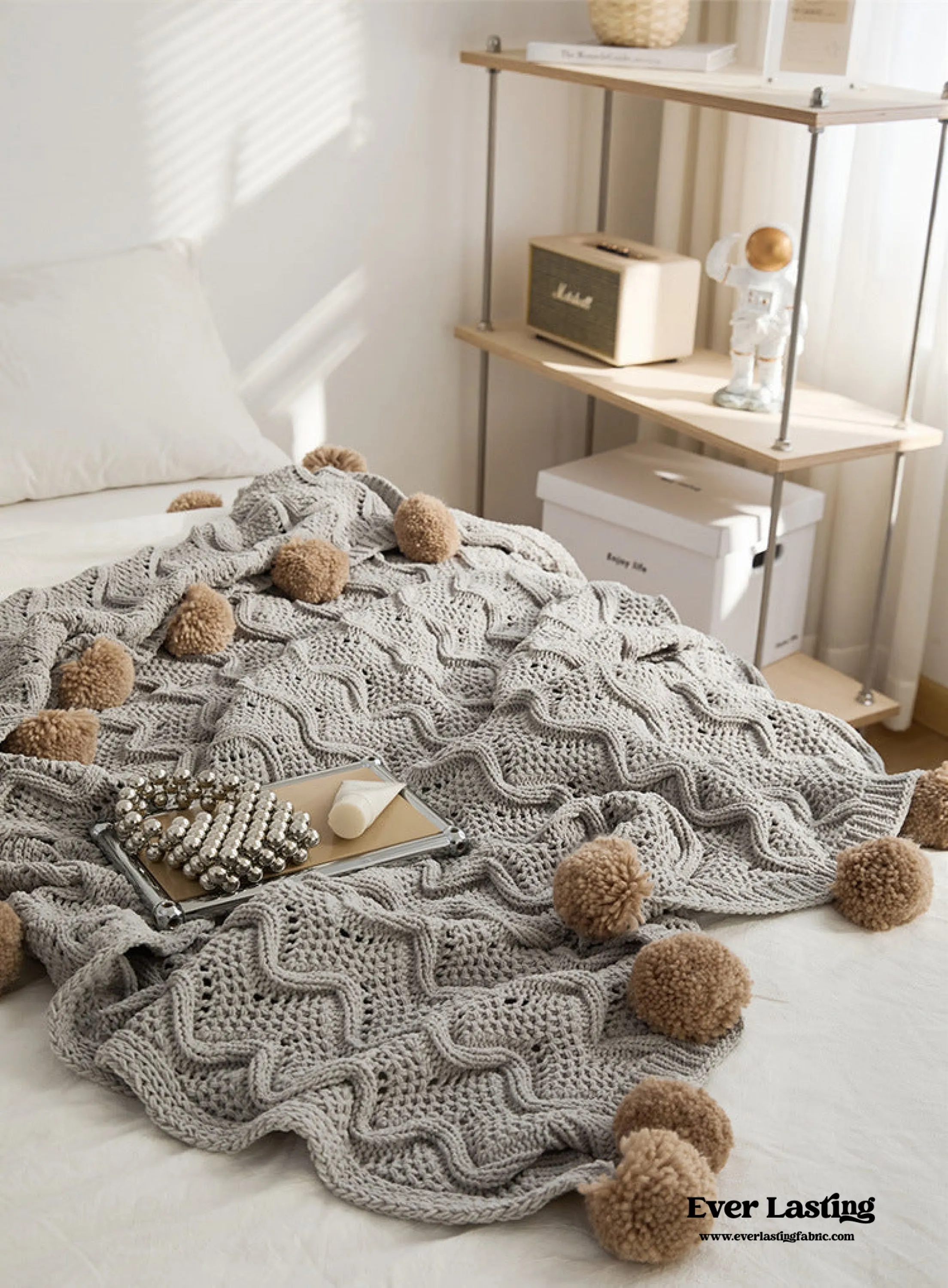 Fuzzy Ball Plush Knit Blanket & Pillow Set (3 Colors)