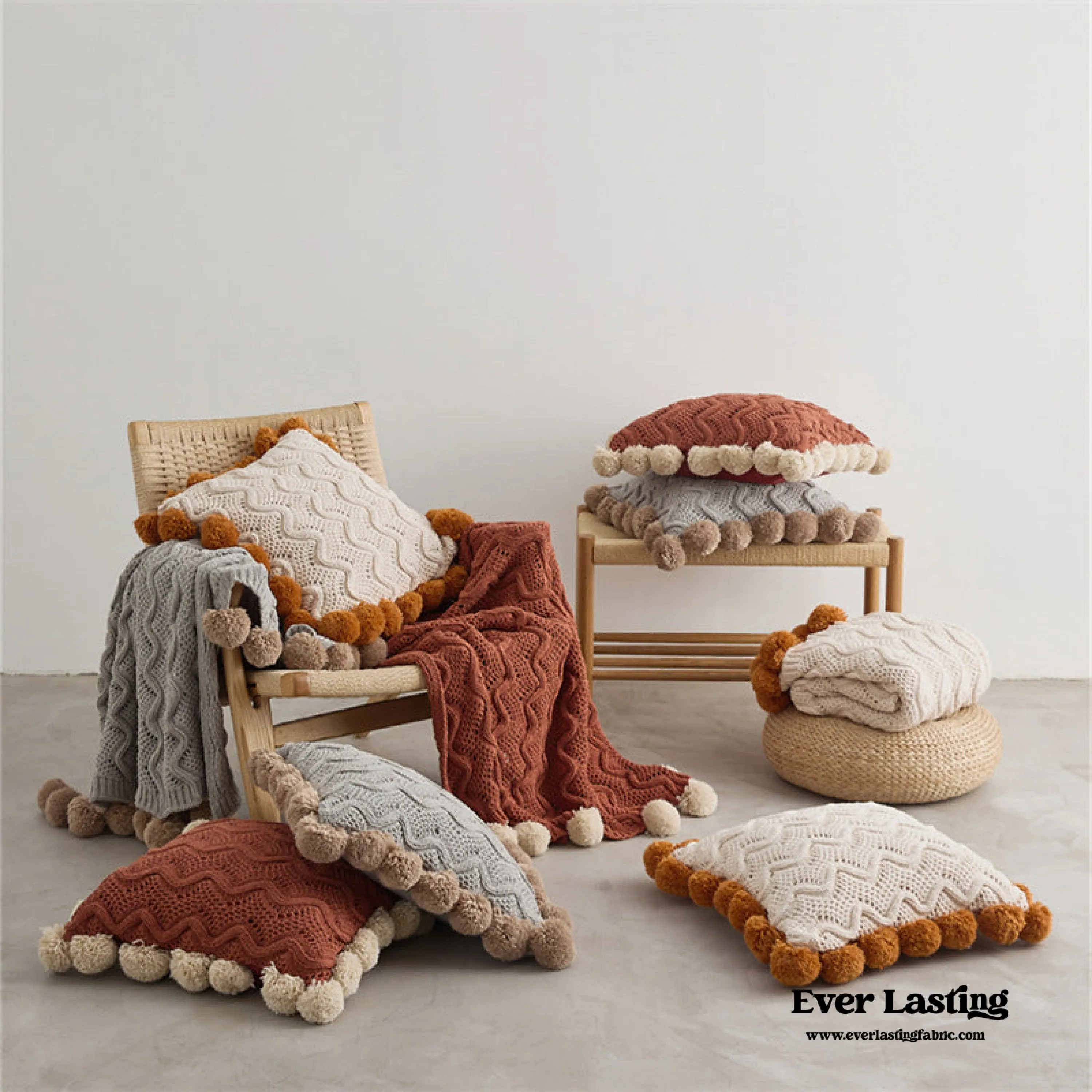 Fuzzy Ball Plush Knit Blanket & Pillow Set (3 Colors)