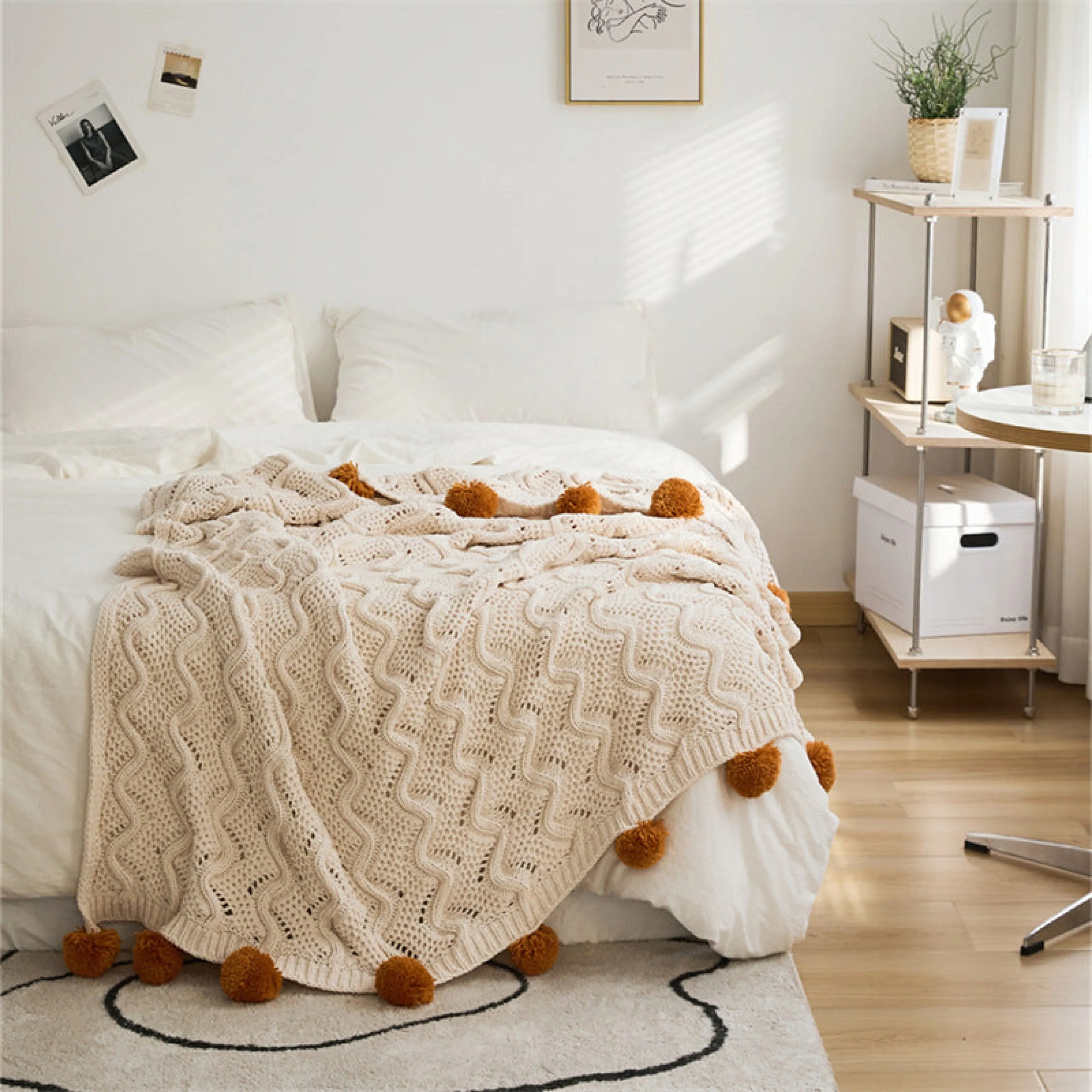 Fuzzy Ball Plush Knit Blanket & Pillow Set (3 Colors)