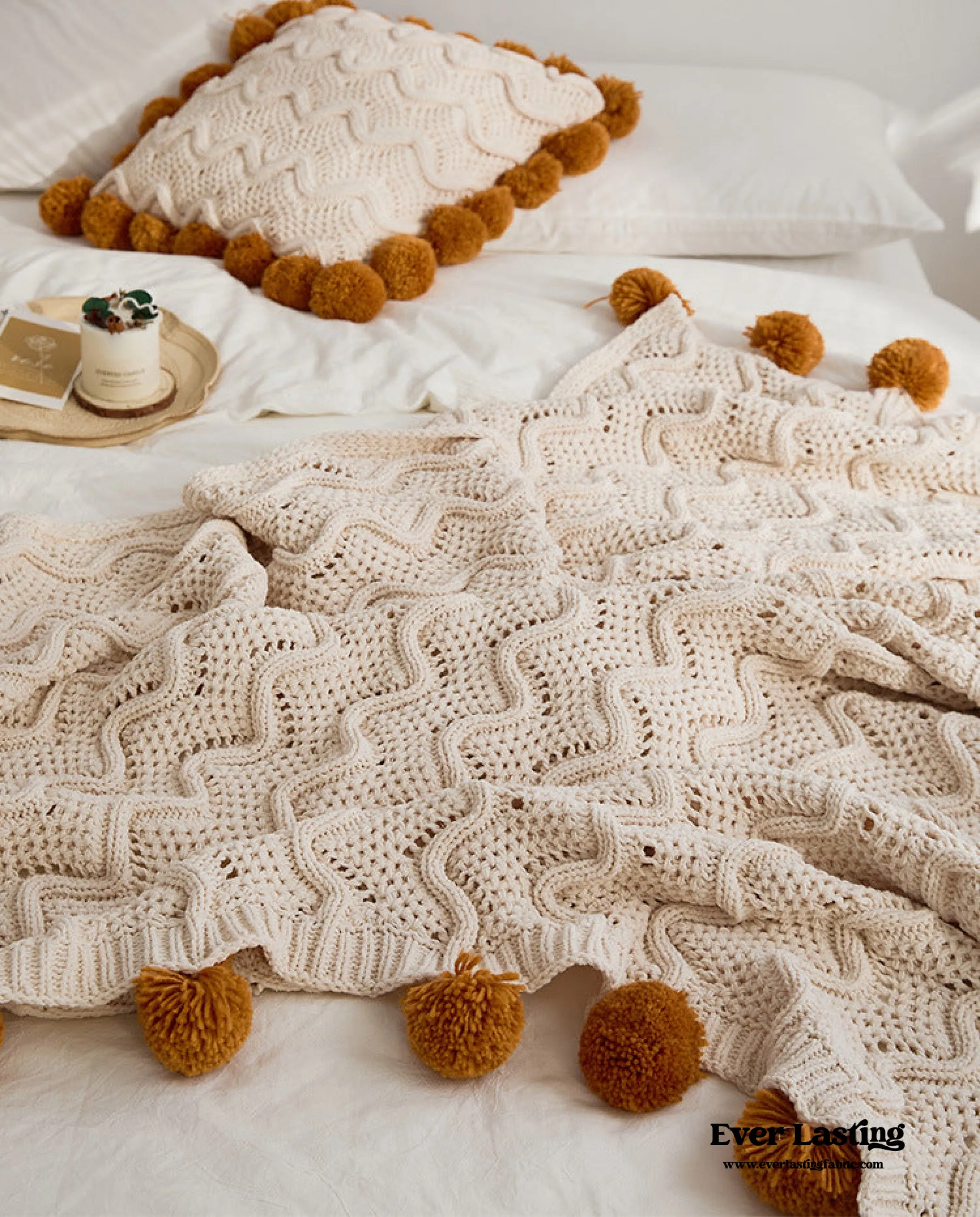 Fuzzy Ball Plush Knit Blanket & Pillow Set (3 Colors)