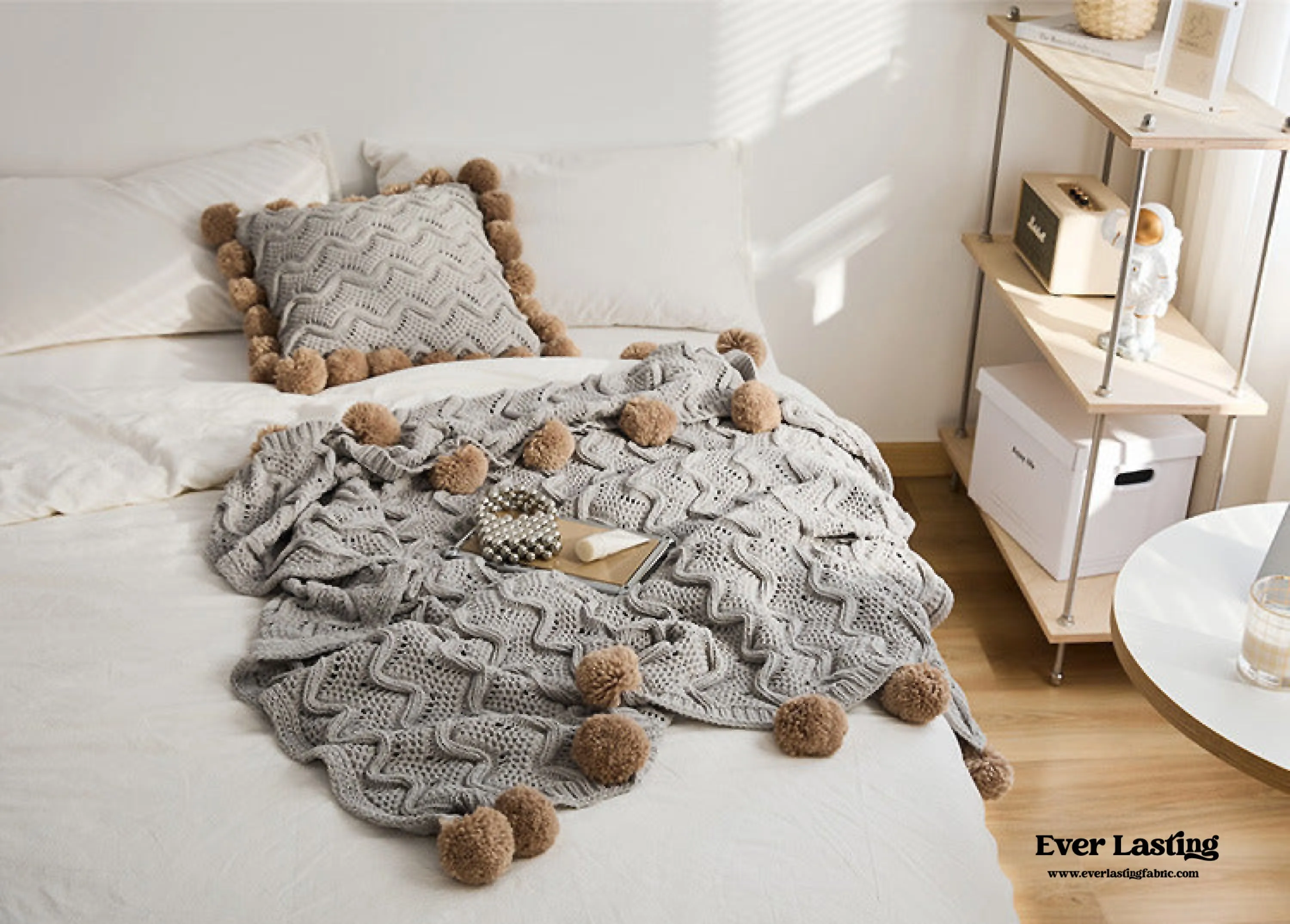 Fuzzy Ball Plush Knit Blanket & Pillow Set (3 Colors)