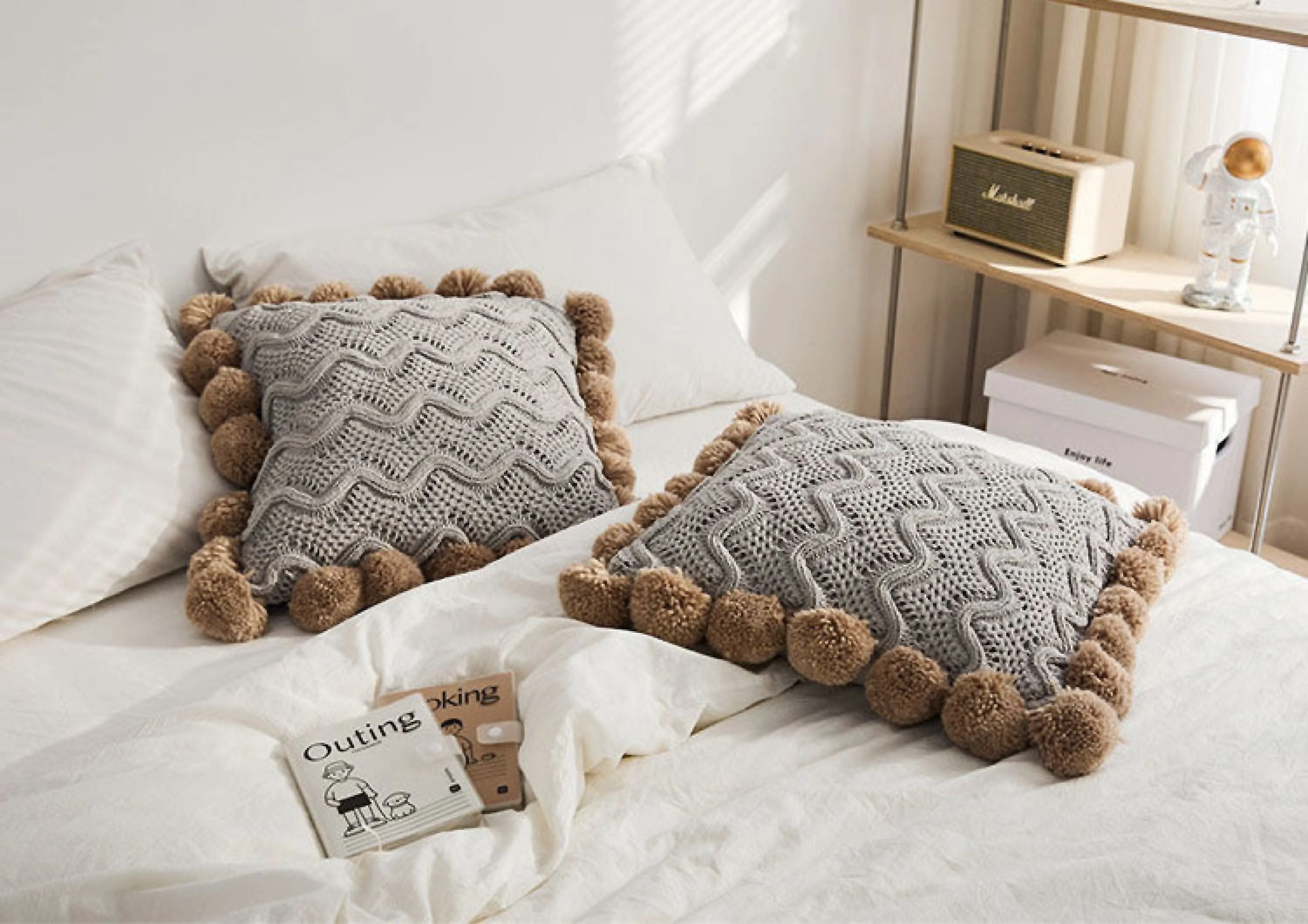 Fuzzy Ball Plush Knit Blanket & Pillow Set (3 Colors)