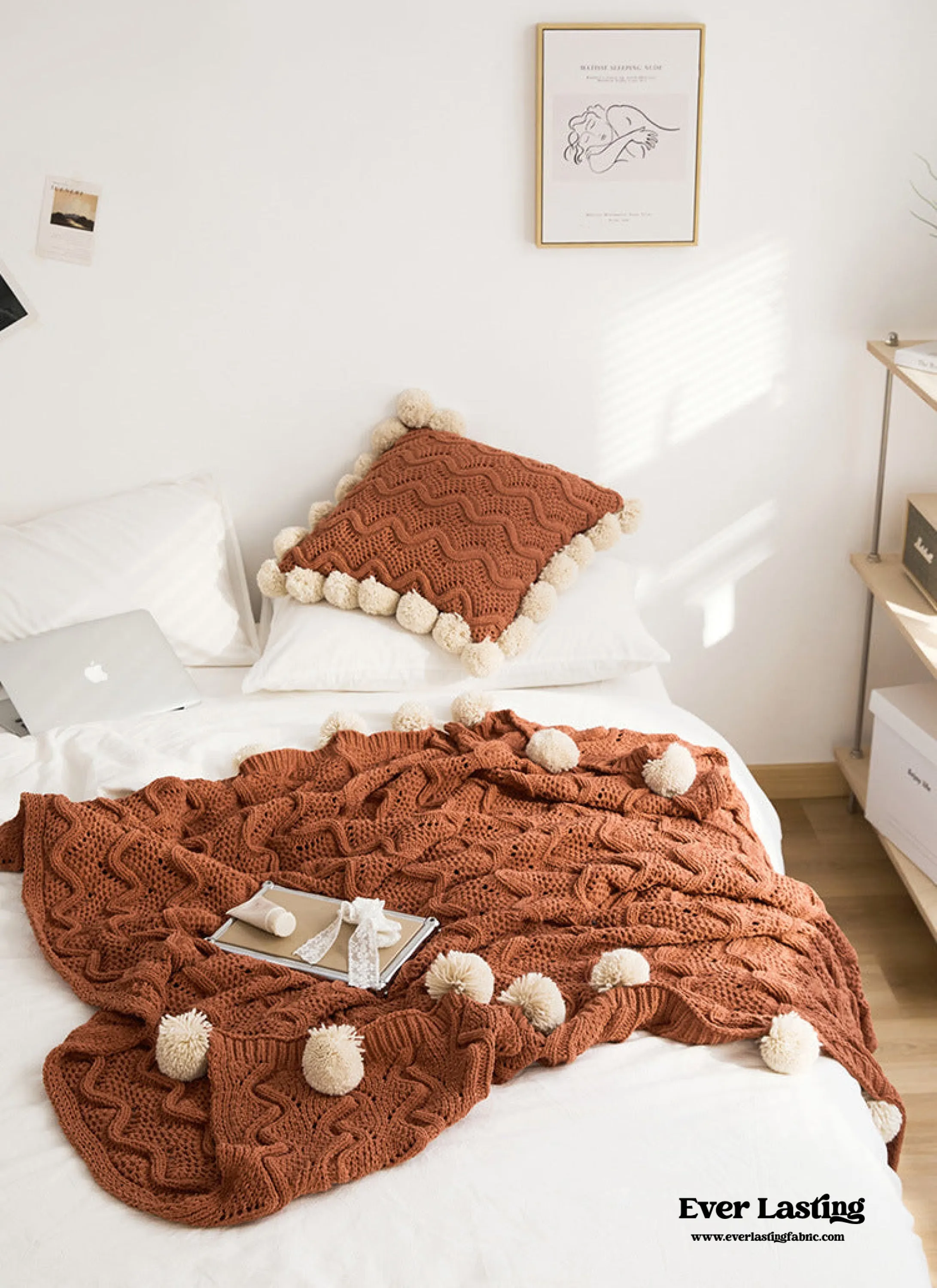 Fuzzy Ball Plush Knit Blanket & Pillow Set (3 Colors)