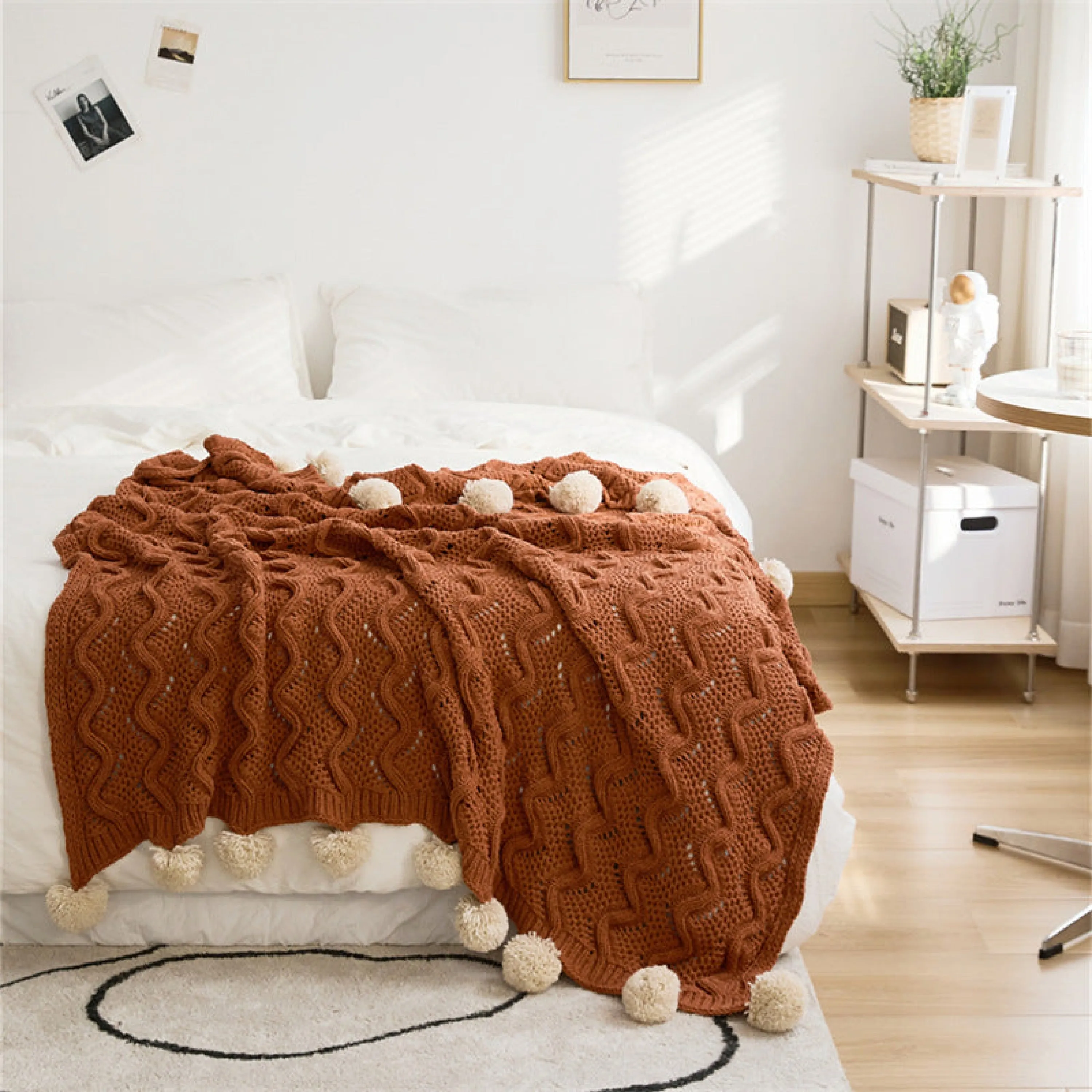 Fuzzy Ball Plush Knit Blanket & Pillow Set (3 Colors)