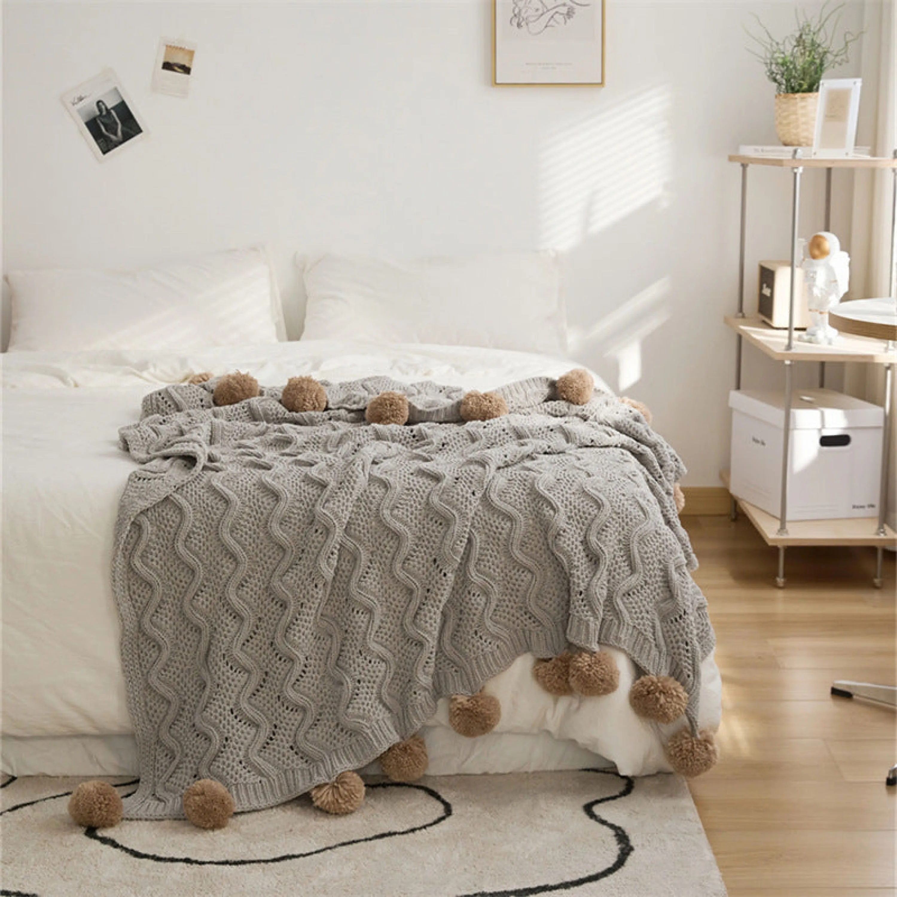 Fuzzy Ball Plush Knit Blanket & Pillow Set (3 Colors)