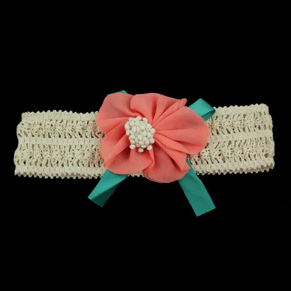 Girls Crochet Stretch Headband with Bow and Flower