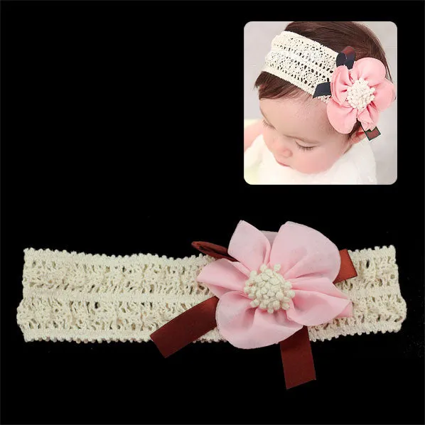 Girls Crochet Stretch Headband with Bow and Flower