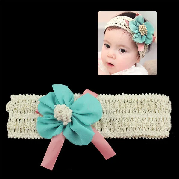 Girls Crochet Stretch Headband with Bow and Flower