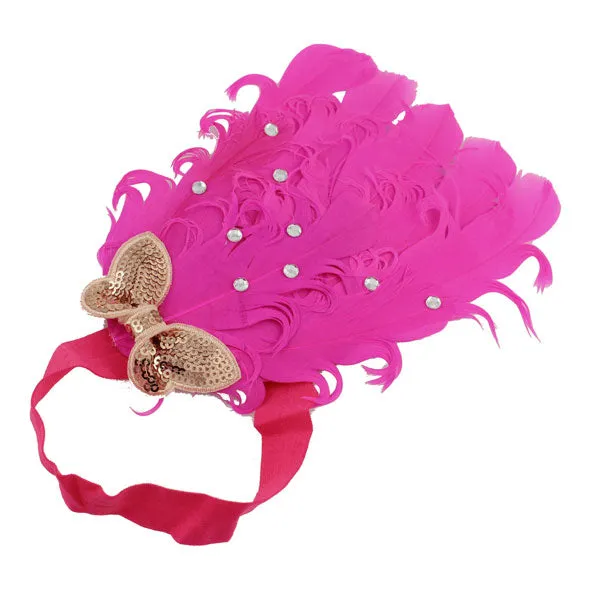 Girls Hotpink Feather with Sequined Bow & Rhinestones Stretch Hairband