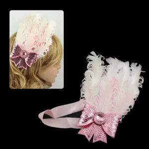 Girls Pink White Feather w/ Sequined Bow Stretch Hairband