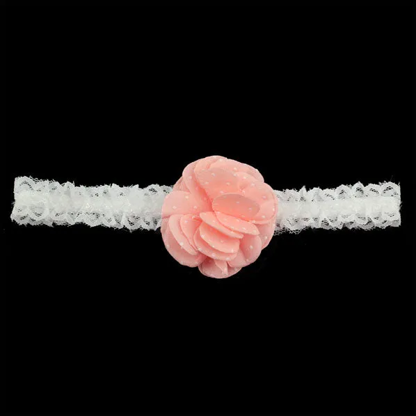 Girls White Lace Stretch Hairband with Dotted Flower