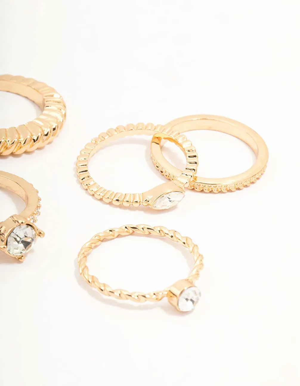 Gold Mixed Diamante & Chunky Style Rings 8-Pack