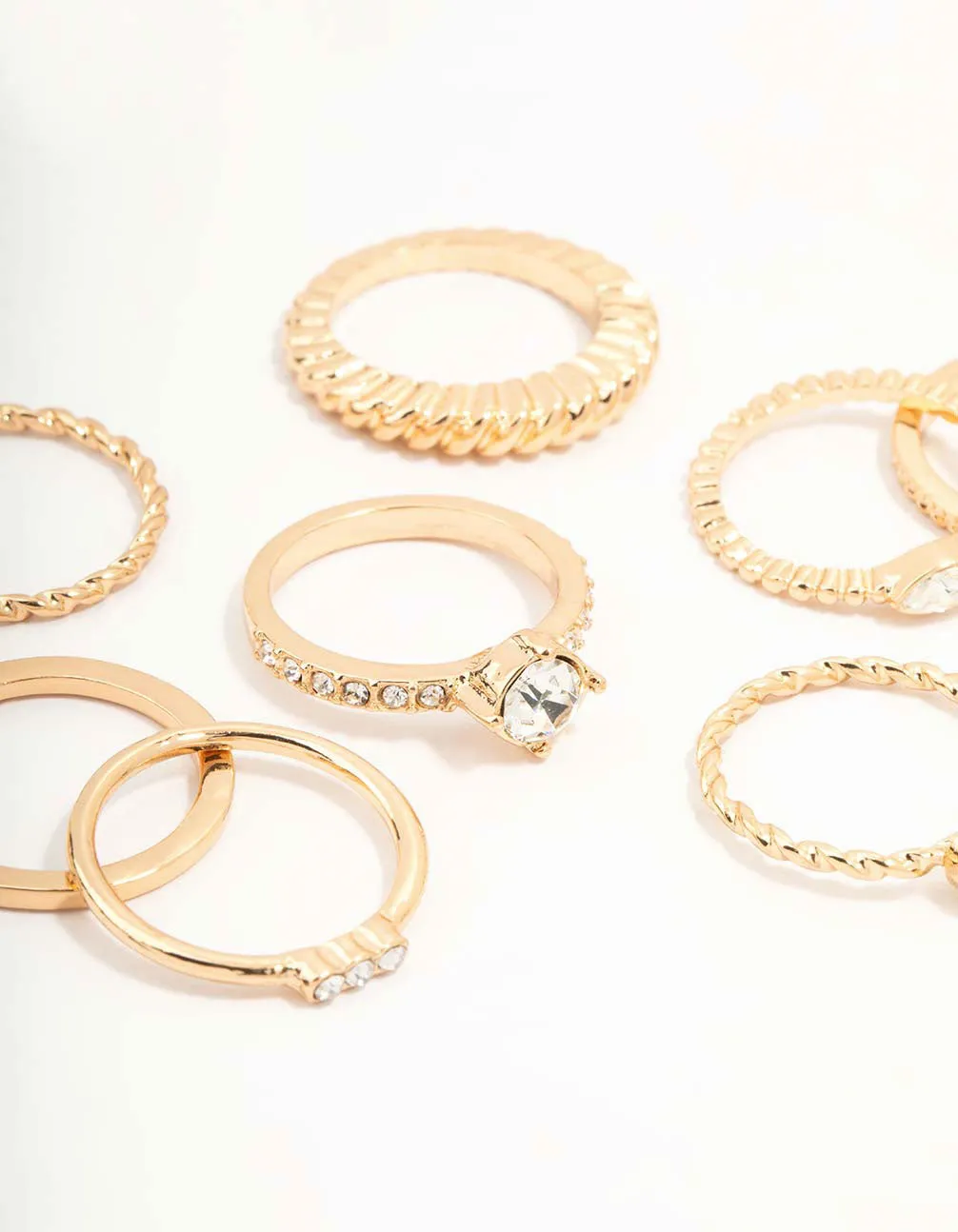 Gold Mixed Diamante & Chunky Style Rings 8-Pack