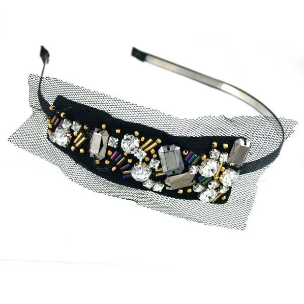 Hairband with Beads and Rhinestones Black