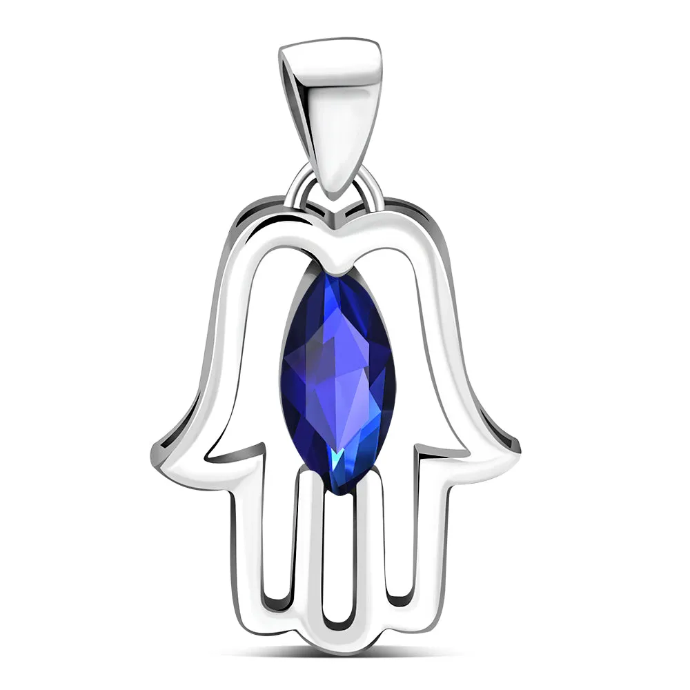 Hamsa Silver Pendant set w/ Blue Sapphire CZ