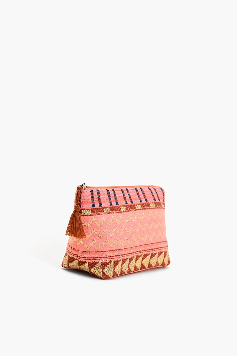 Handwoven Pink and Gold Jacquard Cosmetic Pouch