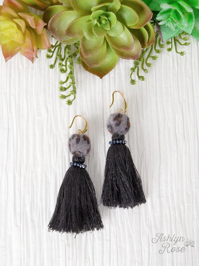 Leopard Pom Pom Tassel Earrings, Black