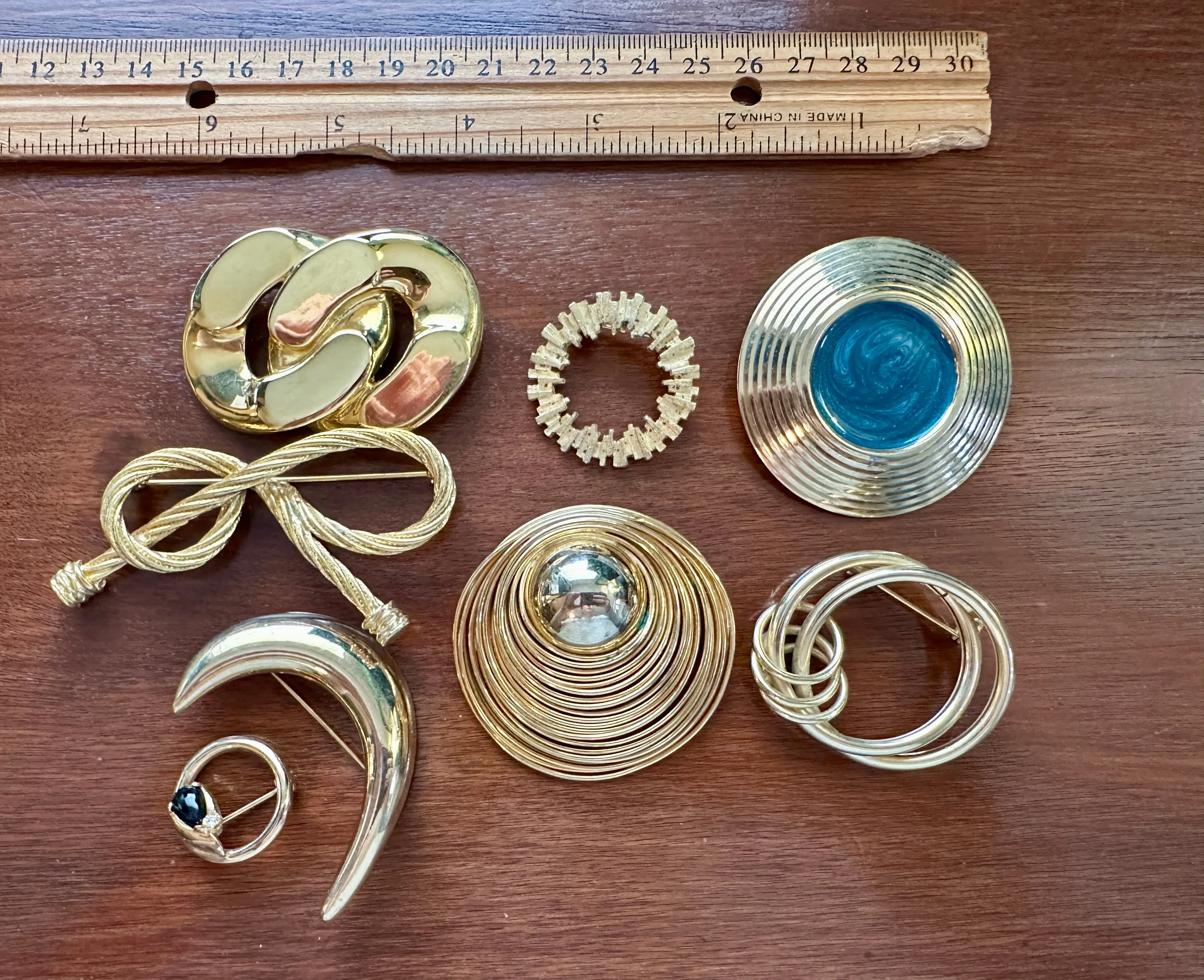 Lot of Vintage 80's LARGE Gold Tone Brooches Abstract Modern Enamel