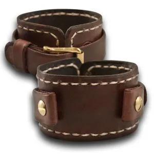 Mahogany Leather Cuff Watch Band w/ Stitching & Brass Buckle