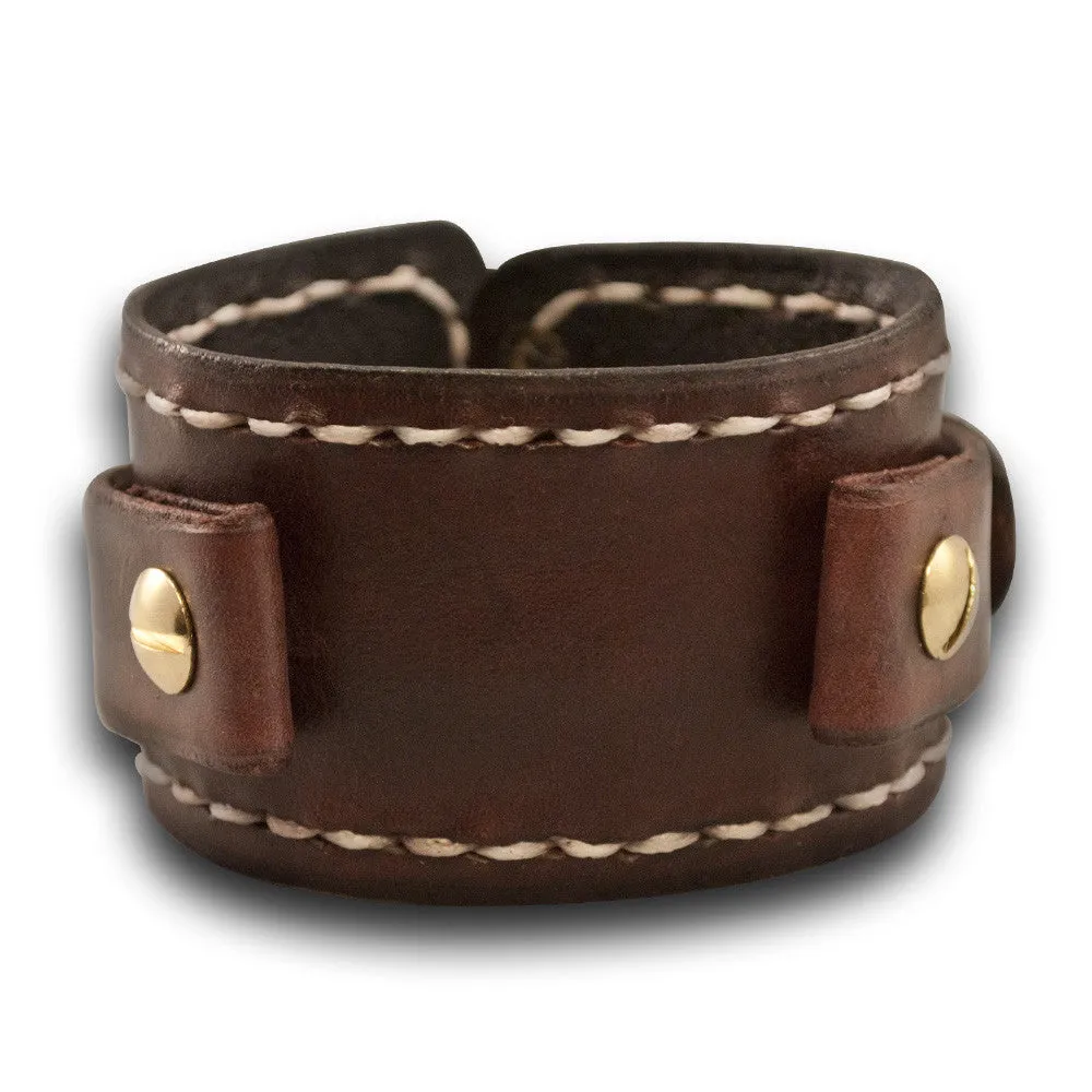 Mahogany Leather Cuff Watch Band w/ Stitching & Brass Buckle