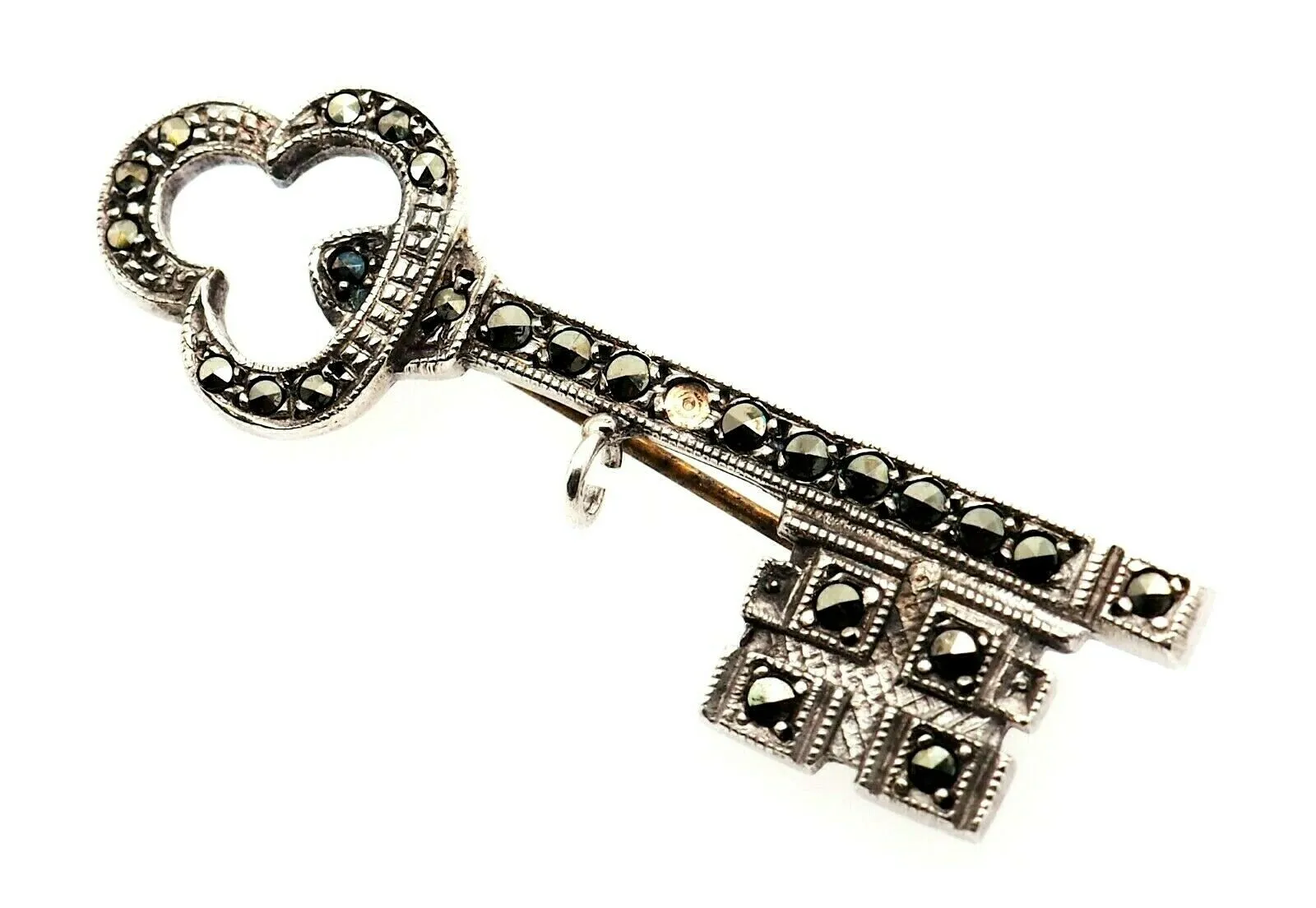 Marcasite Sterling Silver Key Brooch with Rollover Clasp