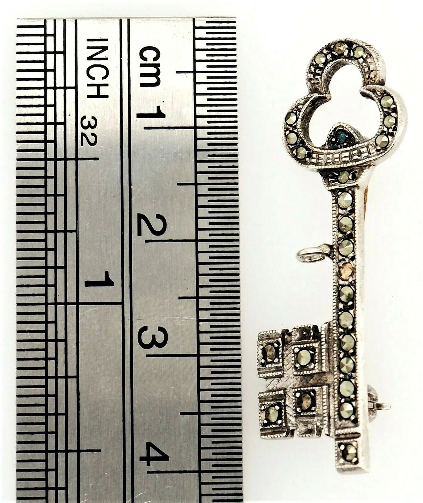 Marcasite Sterling Silver Key Brooch with Rollover Clasp