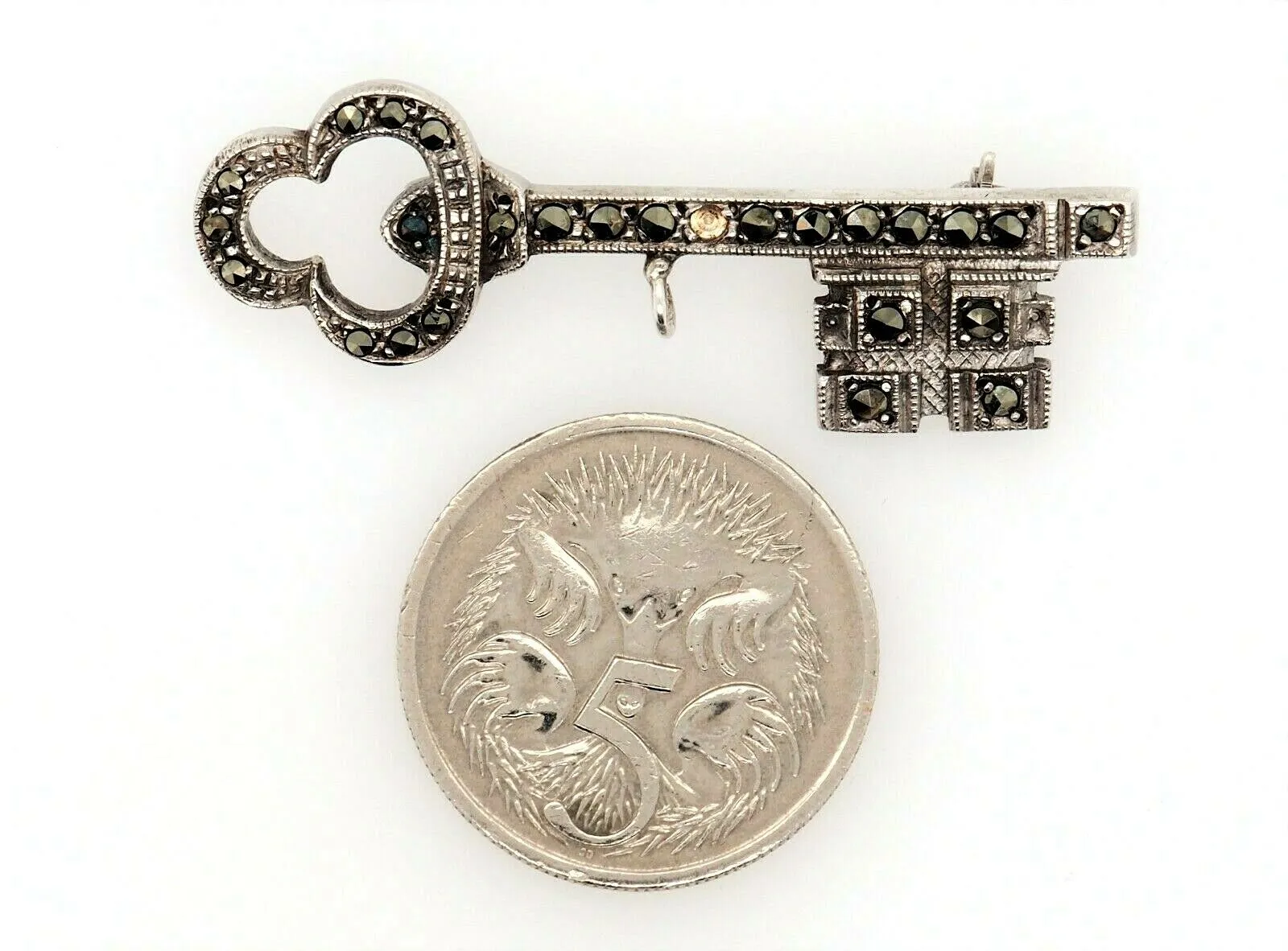 Marcasite Sterling Silver Key Brooch with Rollover Clasp