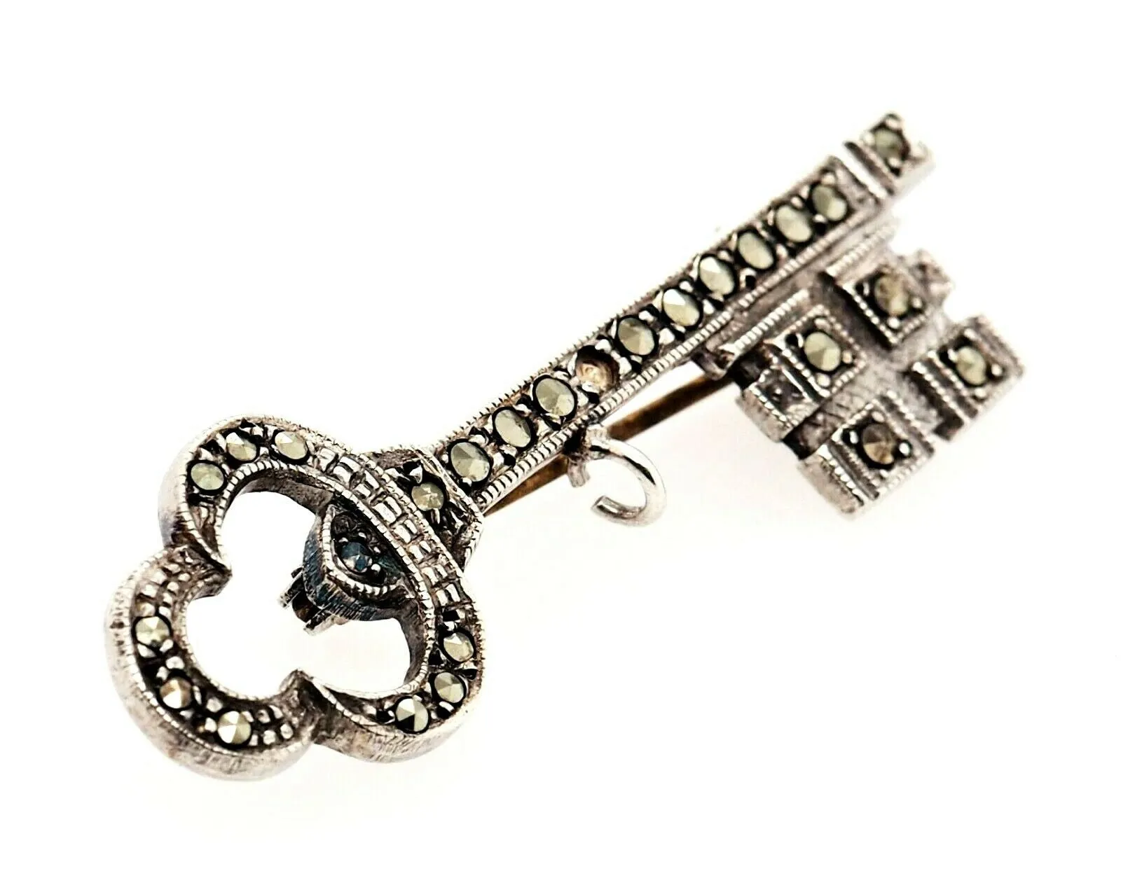 Marcasite Sterling Silver Key Brooch with Rollover Clasp