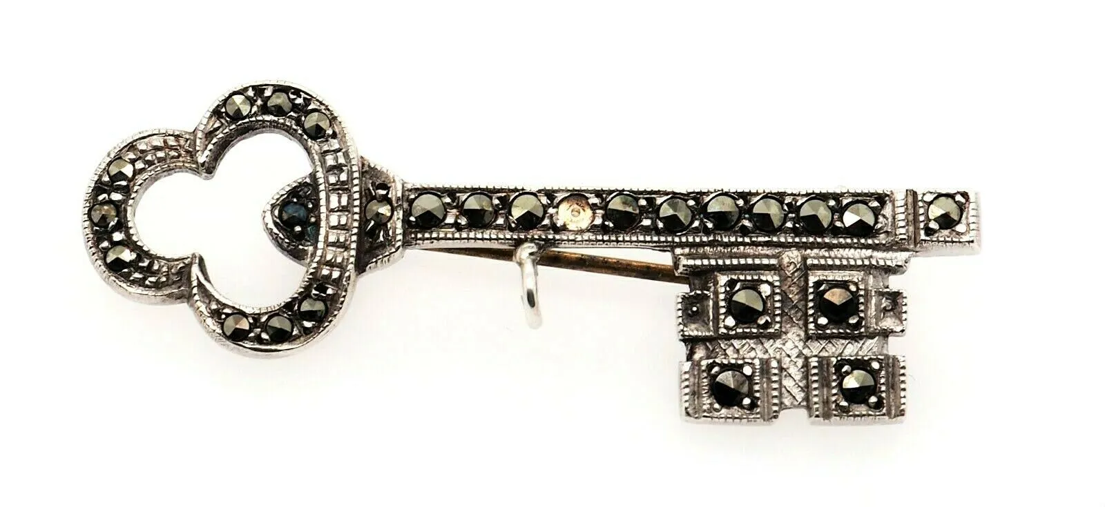 Marcasite Sterling Silver Key Brooch with Rollover Clasp