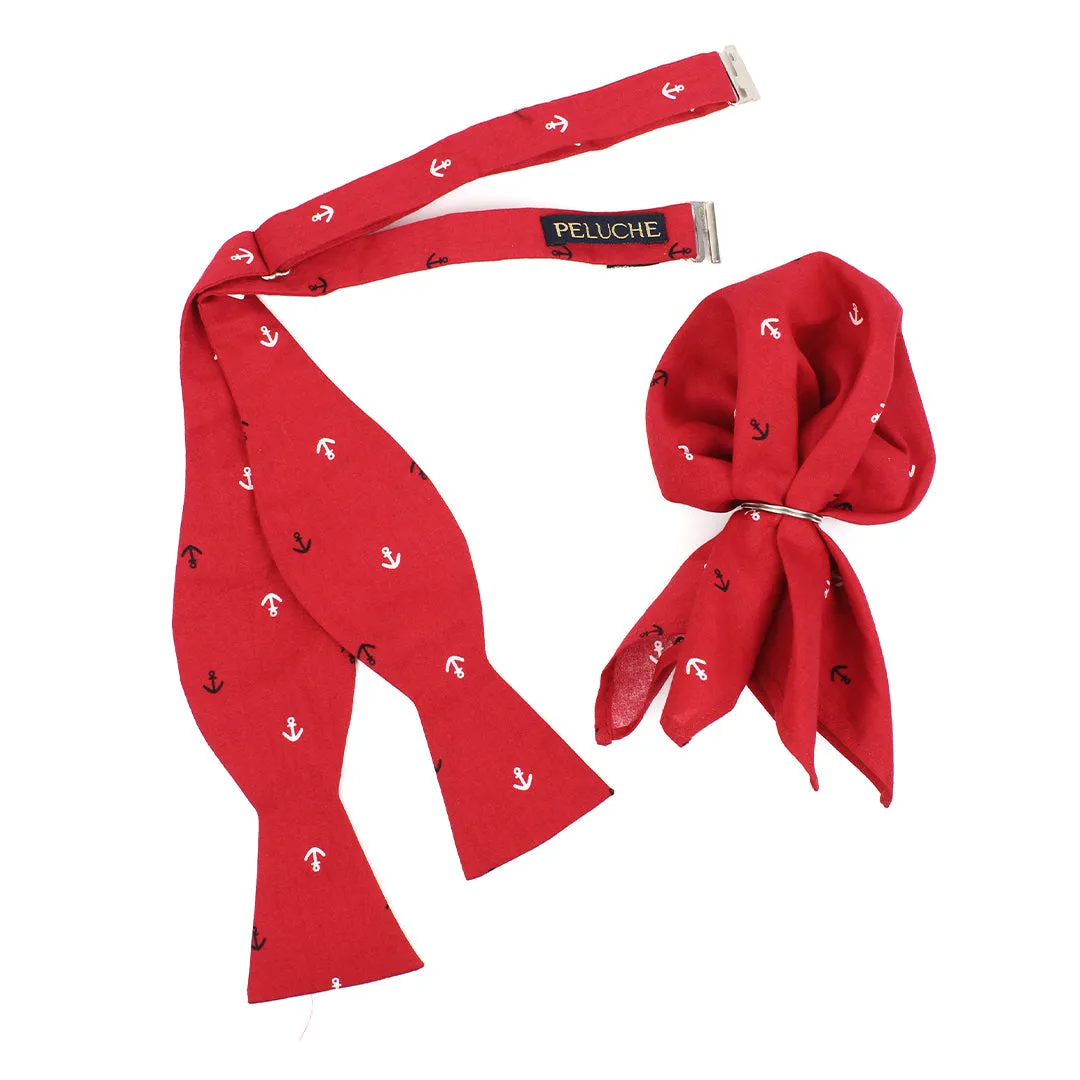 Peluche Anchor Print Red Open Bow Tie & Pocket Square Set for Men