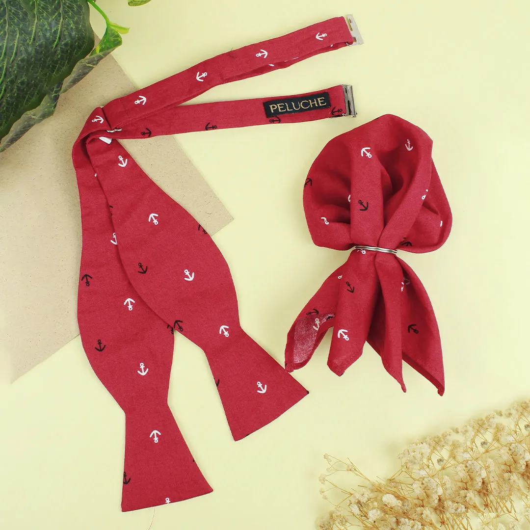 Peluche Anchor Print Red Open Bow Tie & Pocket Square Set for Men