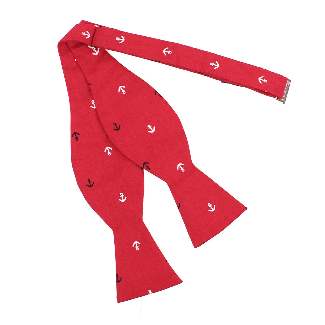 Peluche Anchor Print Red Open Bow Tie & Pocket Square Set for Men