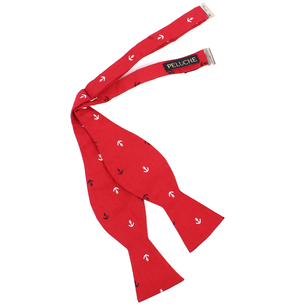 Peluche Anchor Print Red Open Bow Tie & Pocket Square Set for Men