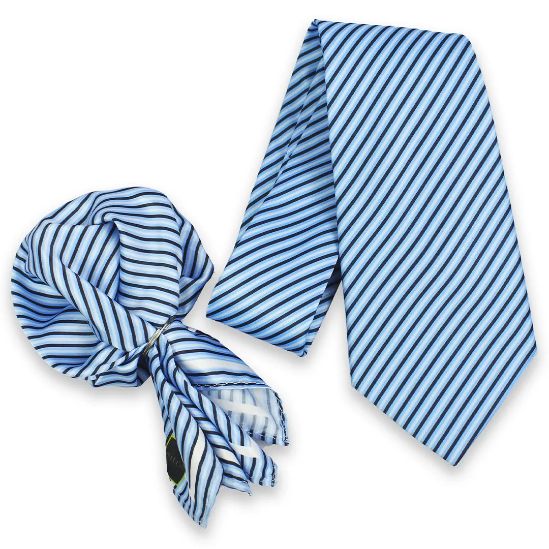 Peluche Coastal Cascade Blue Broad Neck Tie & Pocket Square Set for Men