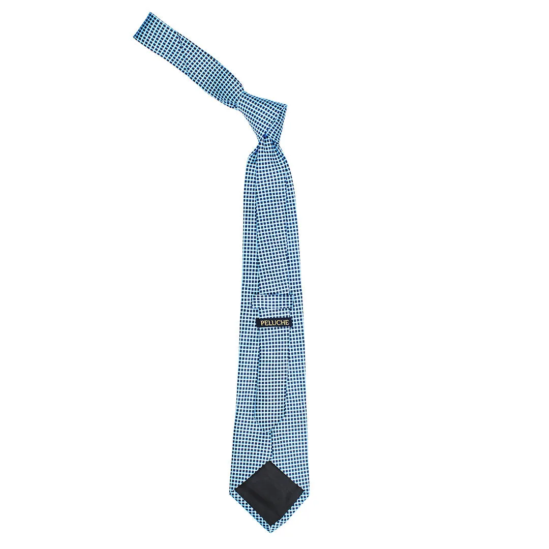 Peluche Micro Grid Blue Broad Neck Tie & Pocket Square Set for Men