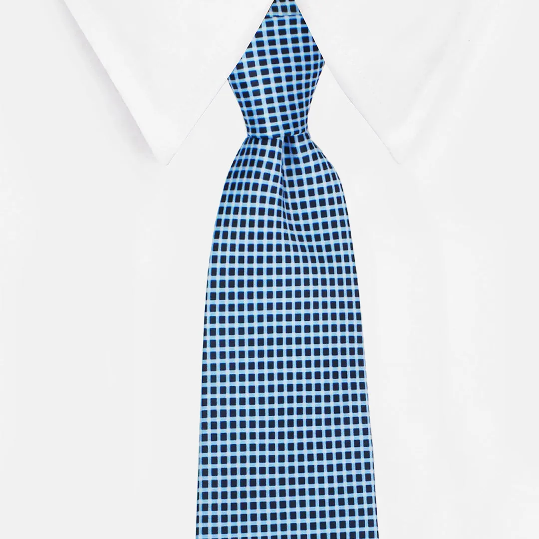 Peluche Micro Grid Blue Broad Neck Tie & Pocket Square Set for Men