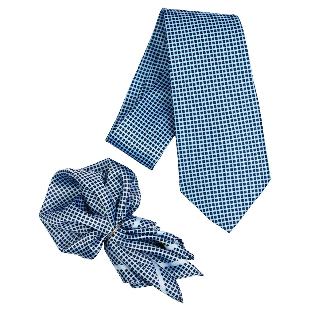 Peluche Micro Grid Blue Broad Neck Tie & Pocket Square Set for Men