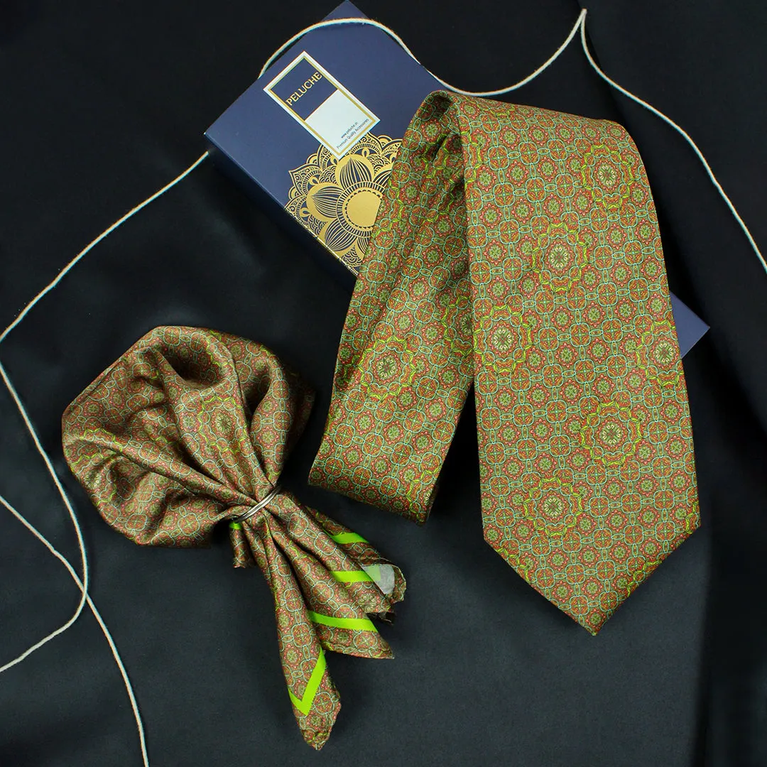 Peluche Spring Bloom Green Broad Neck Tie & Pocket Square Set for Men