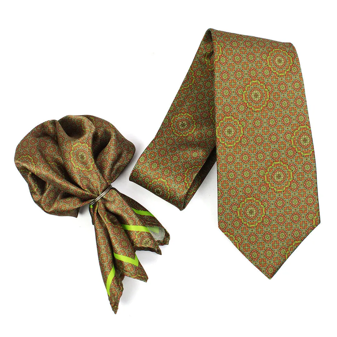 Peluche Spring Bloom Green Broad Neck Tie & Pocket Square Set for Men