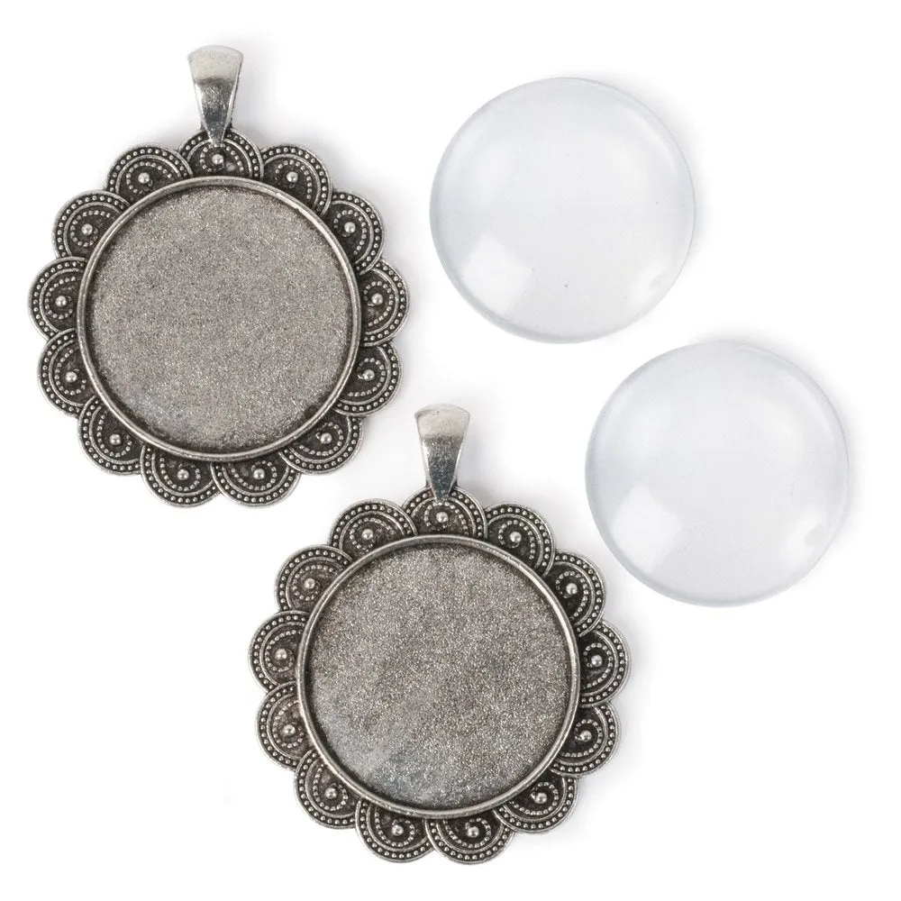 Picture Frame Pendants - Round with Decorative Edge, Antiqued Imitation Silver, for 30mm Pictures - Set of Two