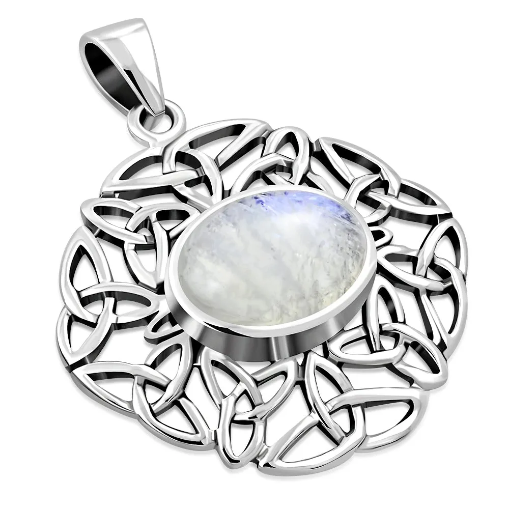 Rainbow Moonstone Oval Celtic Knot Silver Pendant