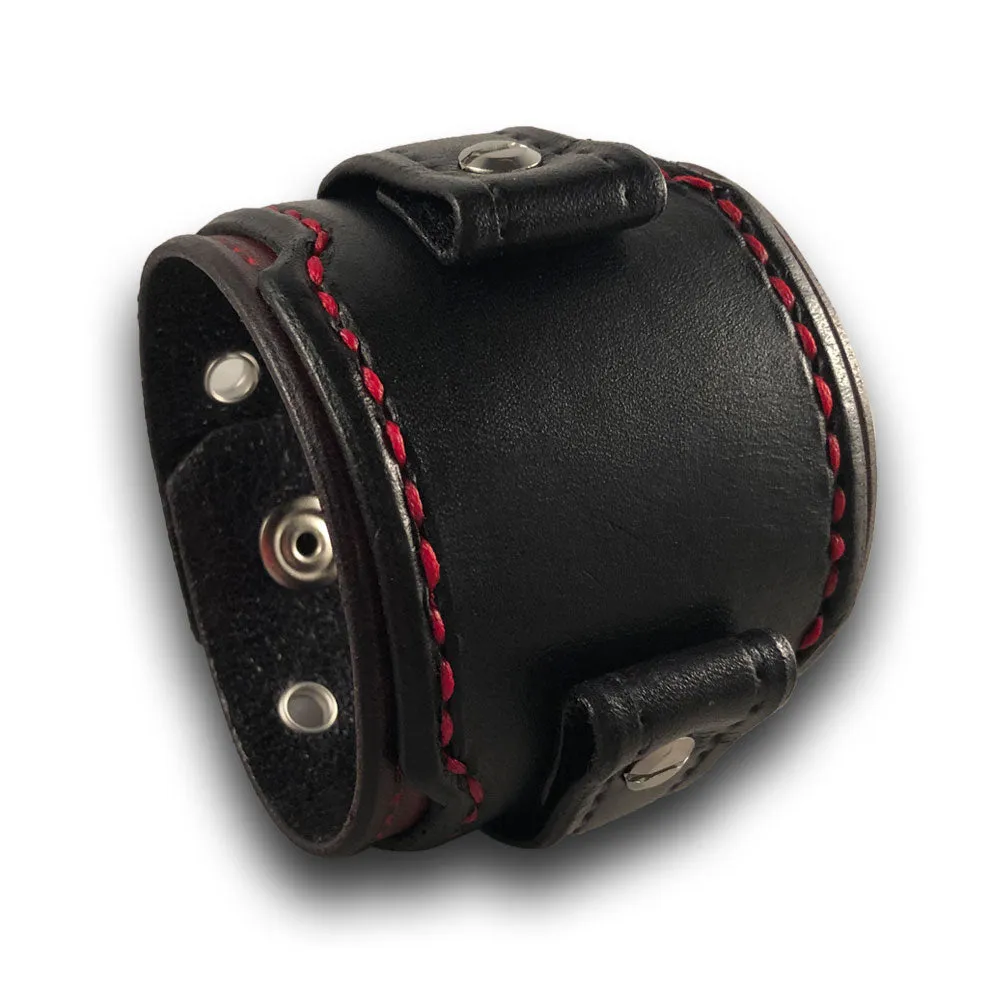 Red & Black Layered Leather Cuff Watch Band with Eyelets & Snaps